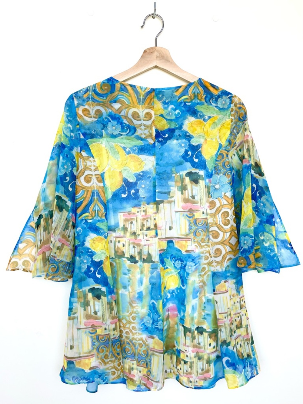 V Cristina Chiffon Boho Tunic Blouse Tie Neck Mediterranean Print Bell Sleeve - Picture 9 of 13
